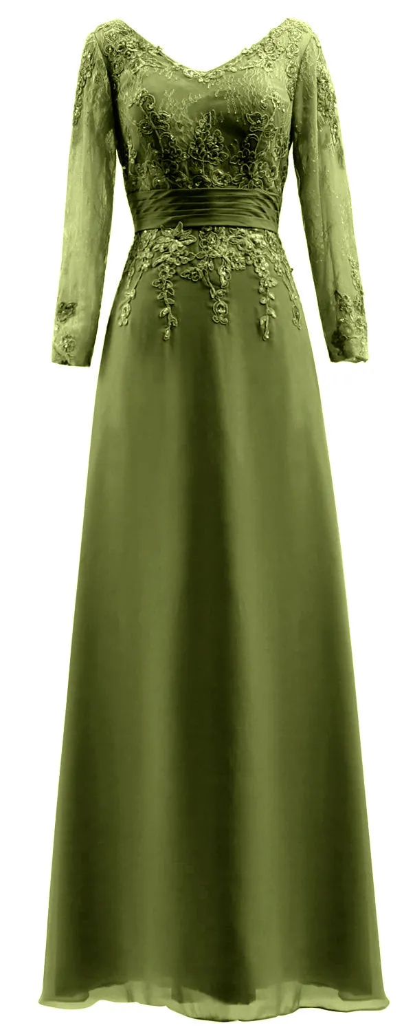 MACloth Mother of Bride Dresses Long Sleeves V Neck Lace Formal Evening Gown