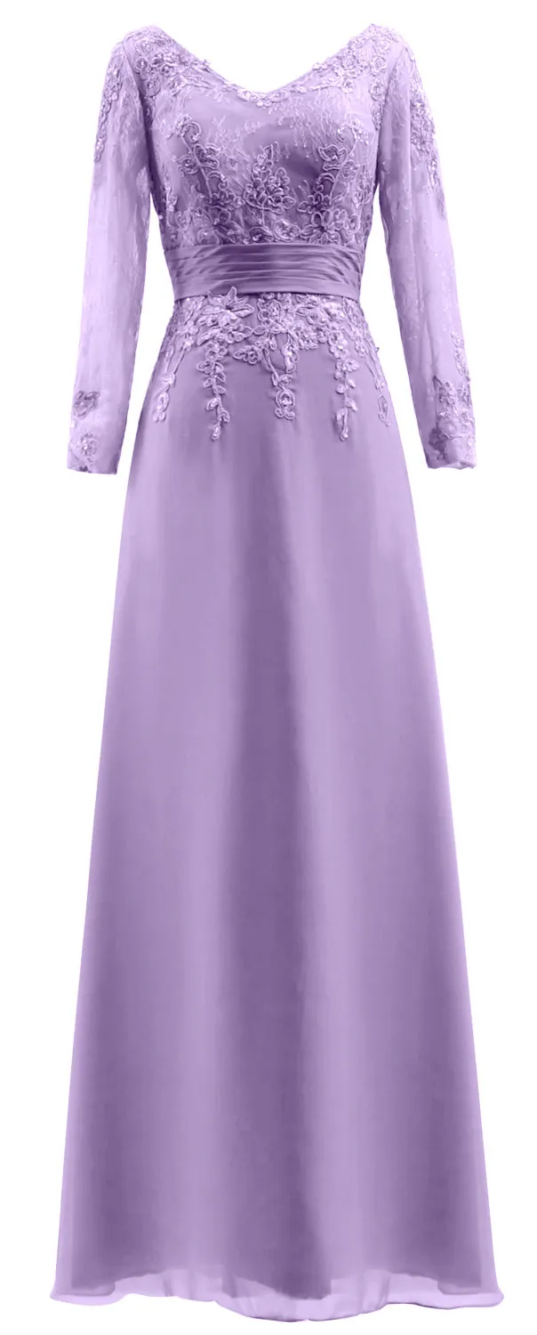 MACloth Mother of Bride Dresses Long Sleeves V Neck Lace Formal Evening Gown