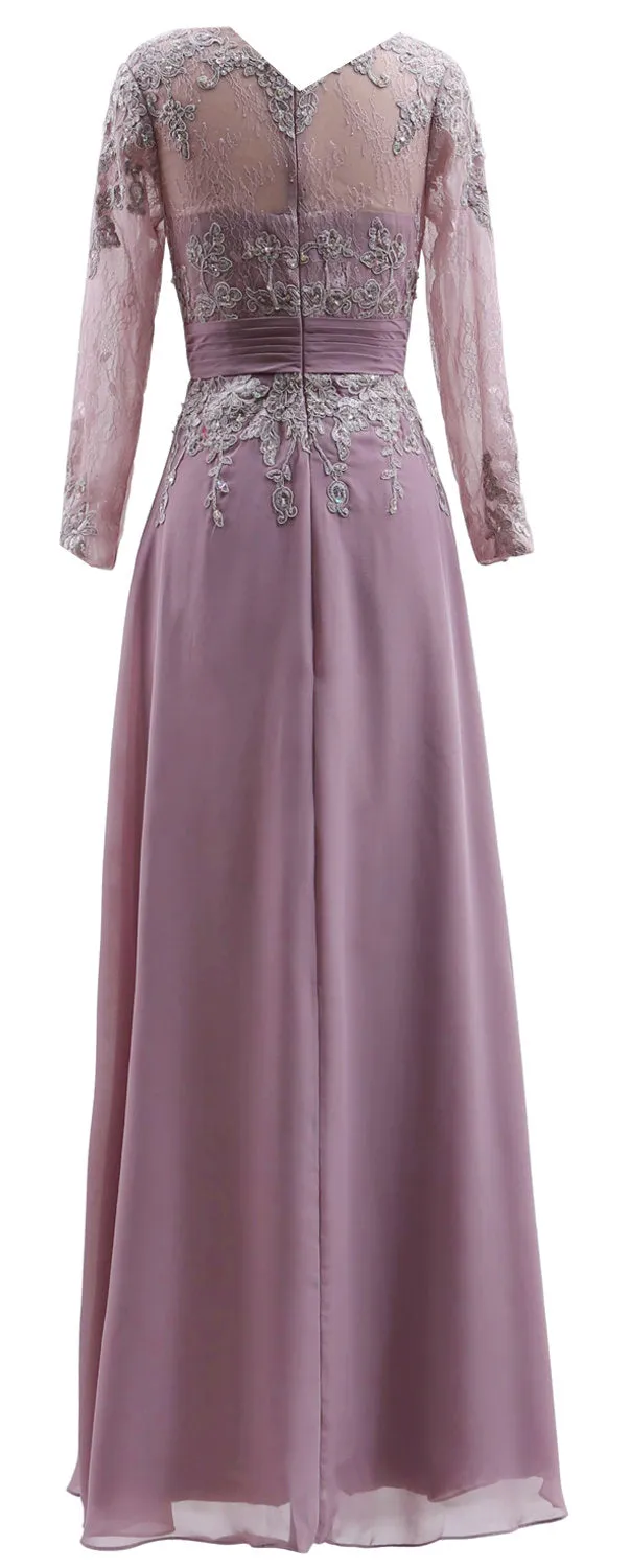 MACloth Mother of Bride Dresses Long Sleeves V Neck Lace Formal Evening Gown