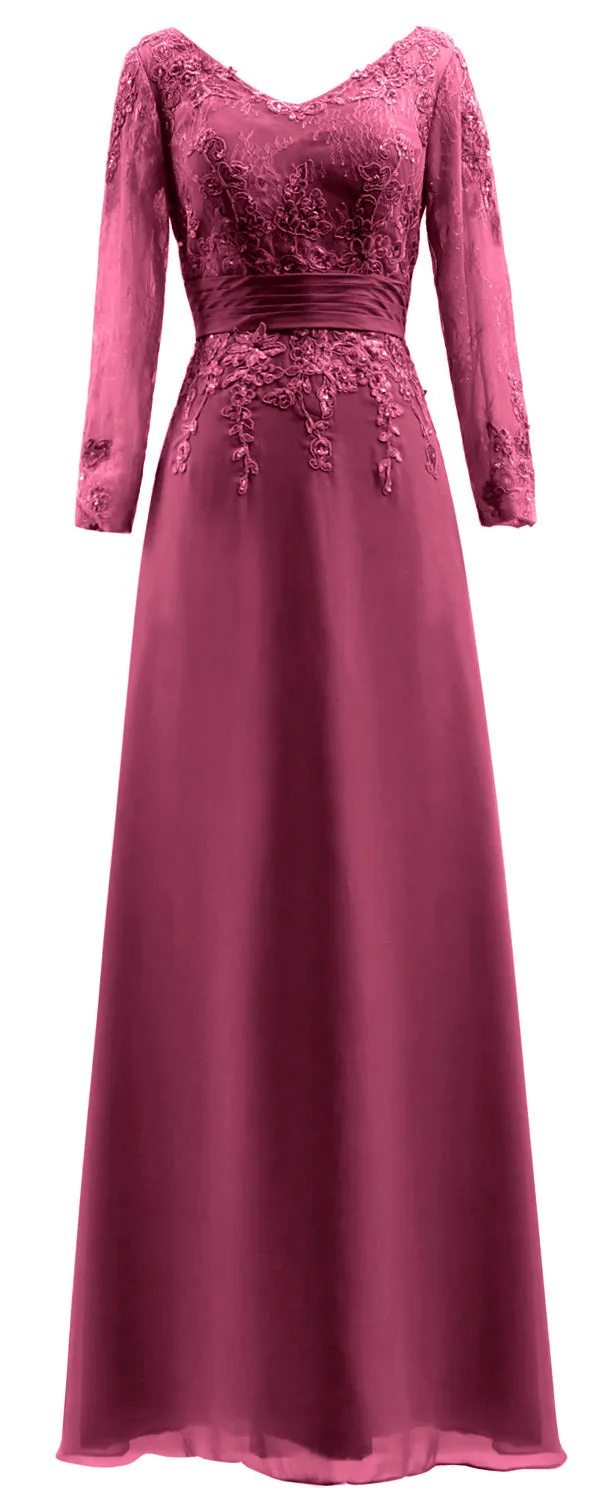 MACloth Mother of Bride Dresses Long Sleeves V Neck Lace Formal Evening Gown