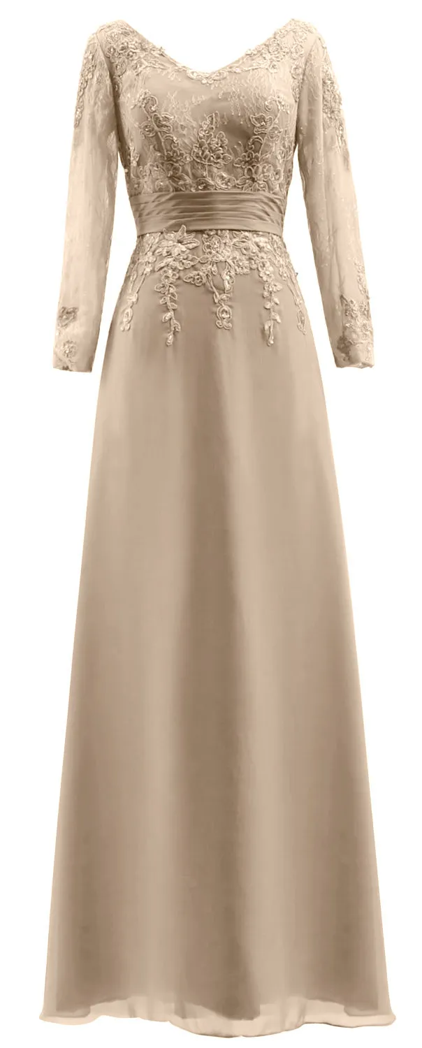 MACloth Mother of Bride Dresses Long Sleeves V Neck Lace Formal Evening Gown