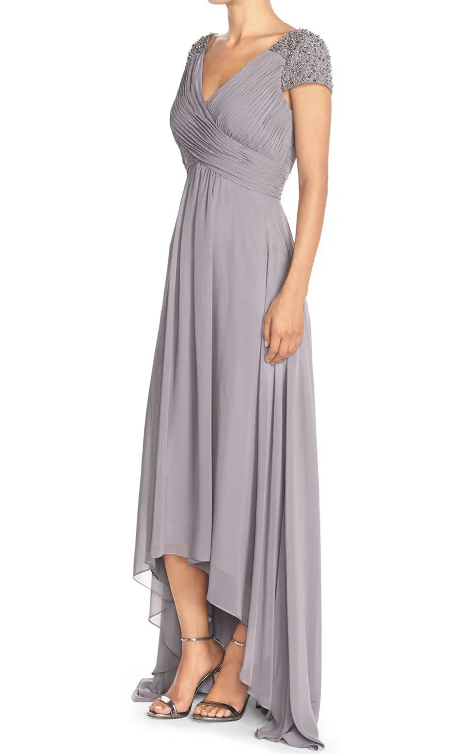 MACloth Straps V Neck Cap Sleeves Hi-Lo Chiffon Evening Gown Silver Mother of the Brides Dress