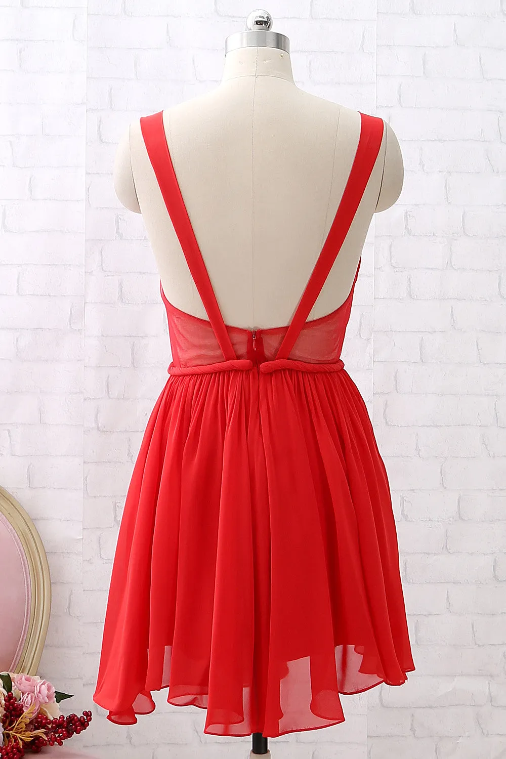 MACloth Straps V neck Mini Prom Homecoming Dress Chiffon Wedding Party Dress