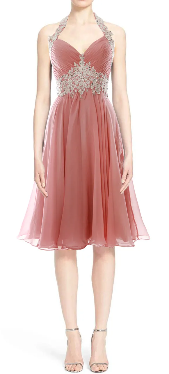 MACloth Women Halter Short Lace Beading Wedding Guest Dresses Homecoming
