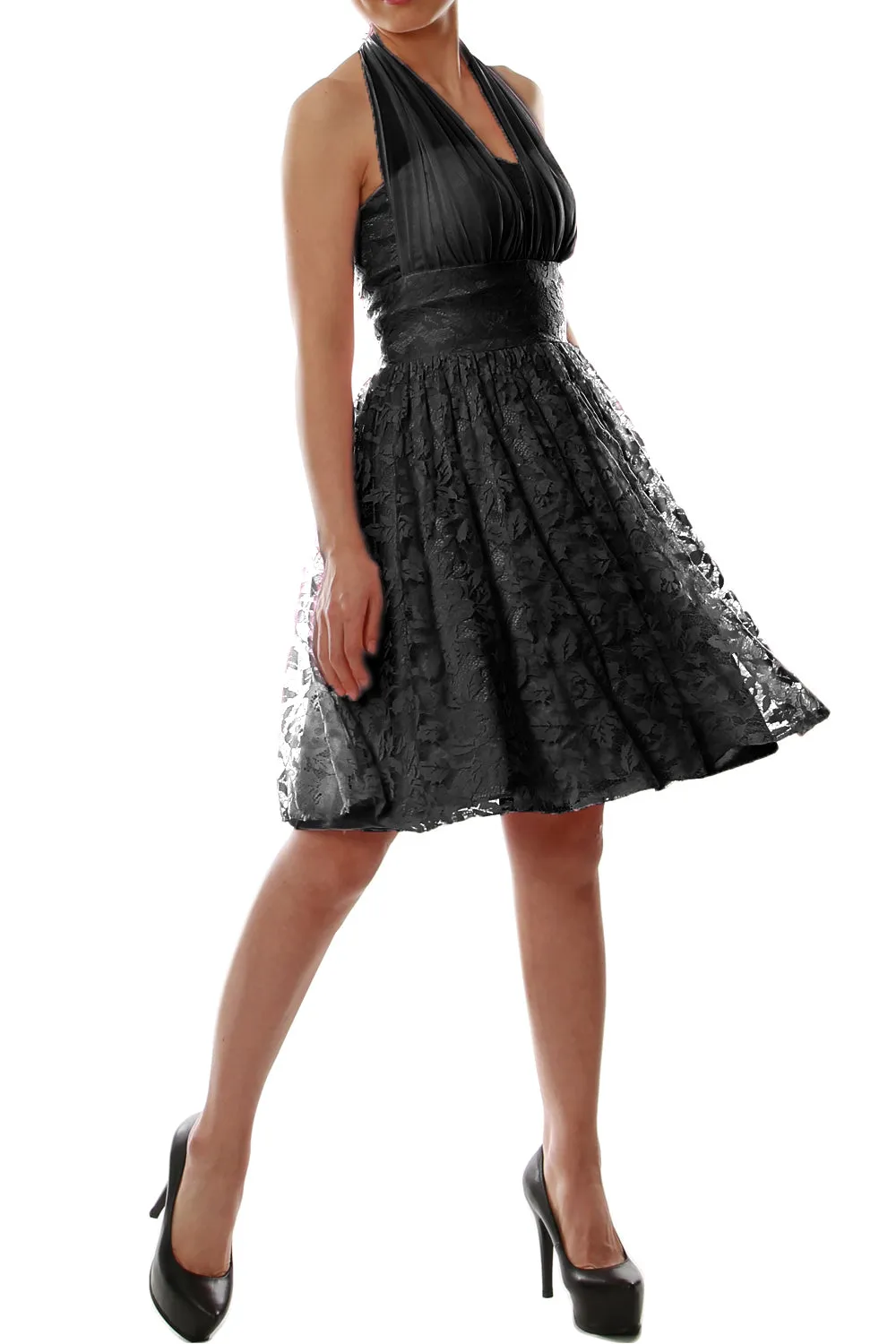 MACloth Women Halter Short Lace Little Black Dress Wedding Party Bridesmaid
