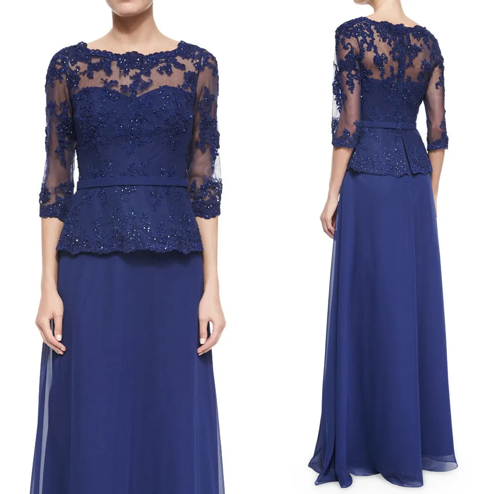 MACloth Women Long Sleeves Lace Chiffon Evening Gown Royal Blue Mother of the Brides Dress