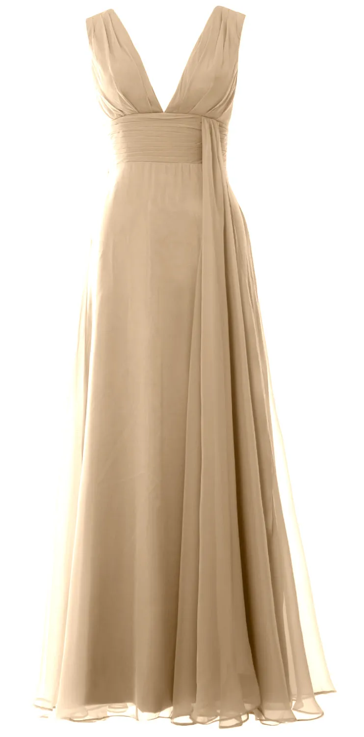 MACloth Women V Neck Long Bridesmaid Dress Chiffon Wedding Party Evening Gown