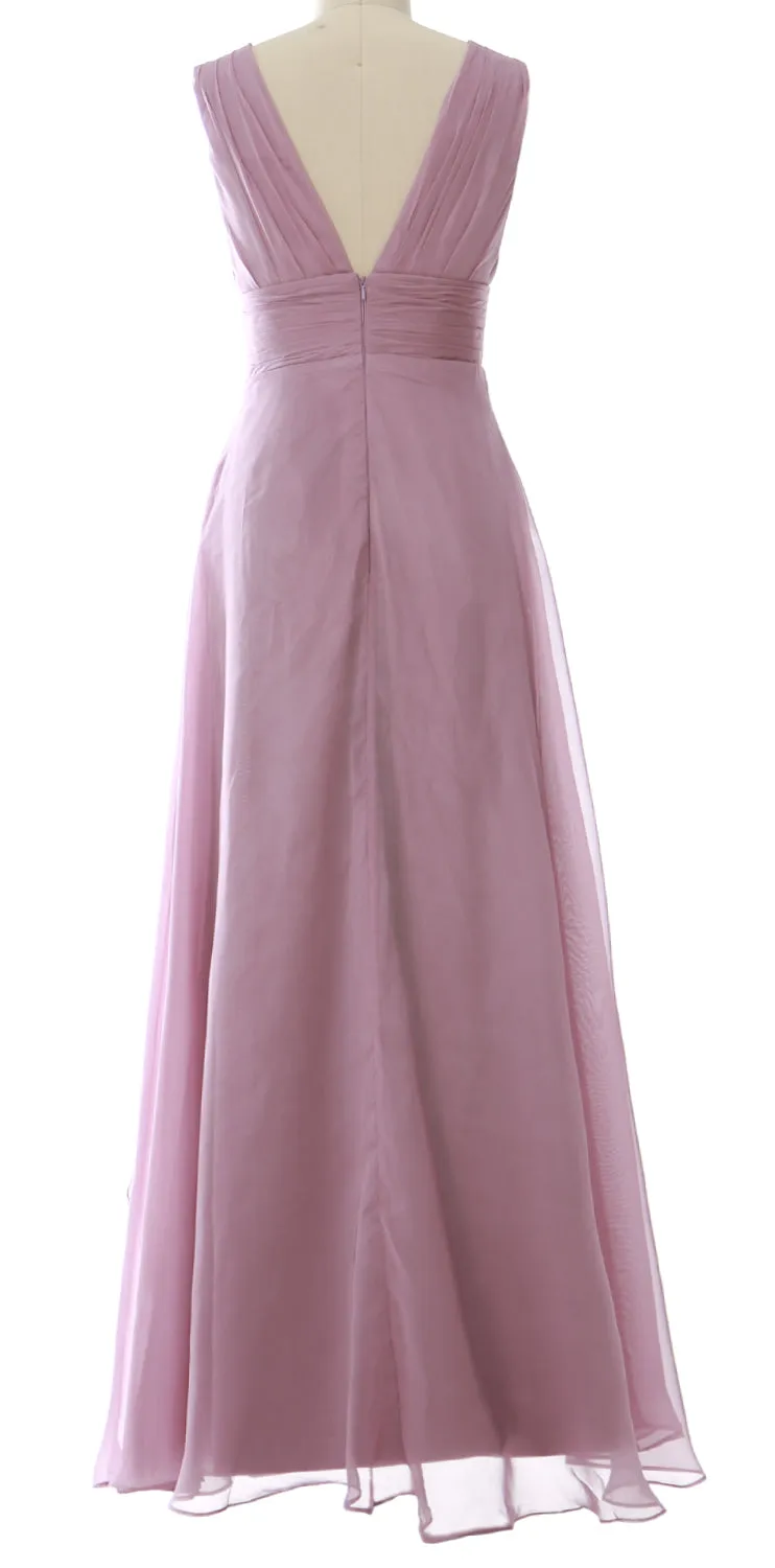 MACloth Women V Neck Long Bridesmaid Dress Chiffon Wedding Party Evening Gown