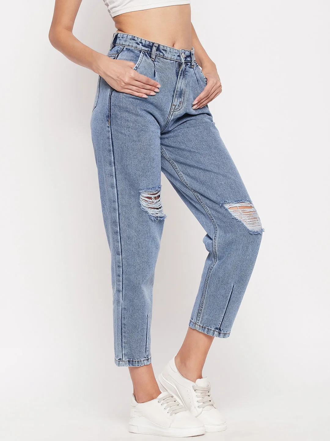 Madame High-Distressed Calf-Length Slim Light Blue Jeans
