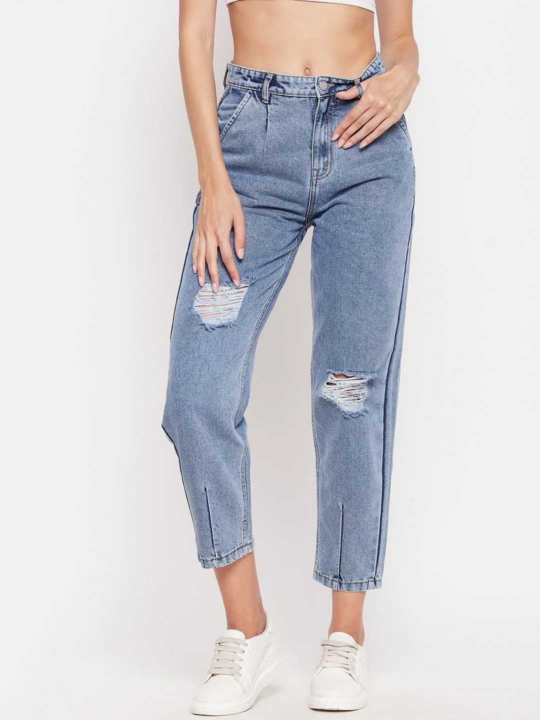 Madame High-Distressed Calf-Length Slim Light Blue Jeans