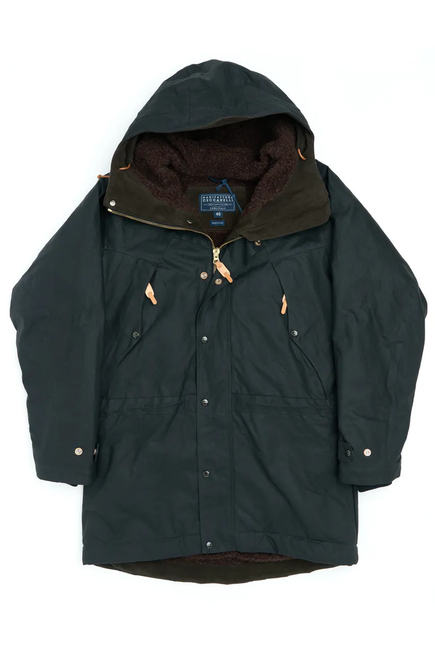 Manifattura Ceccarelli Waxed Long Mountain Jacket Wool Teddy Fur Black
