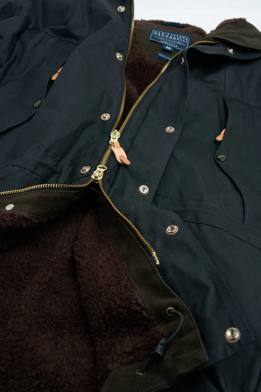 Manifattura Ceccarelli Waxed Long Mountain Jacket Wool Teddy Fur Black