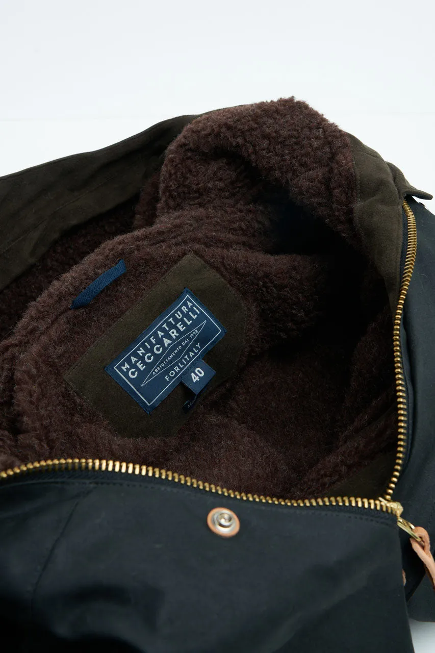 Manifattura Ceccarelli Waxed Long Mountain Jacket Wool Teddy Fur Black