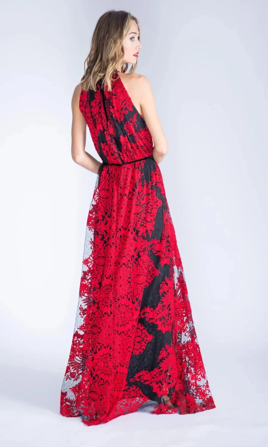 MARCELLA Red Embroidered Lace Halter Dress