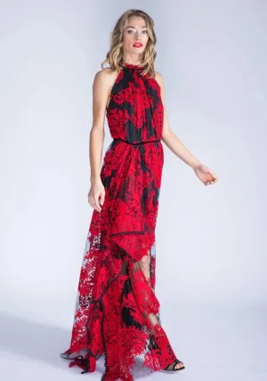 MARCELLA Red Embroidered Lace Halter Dress
