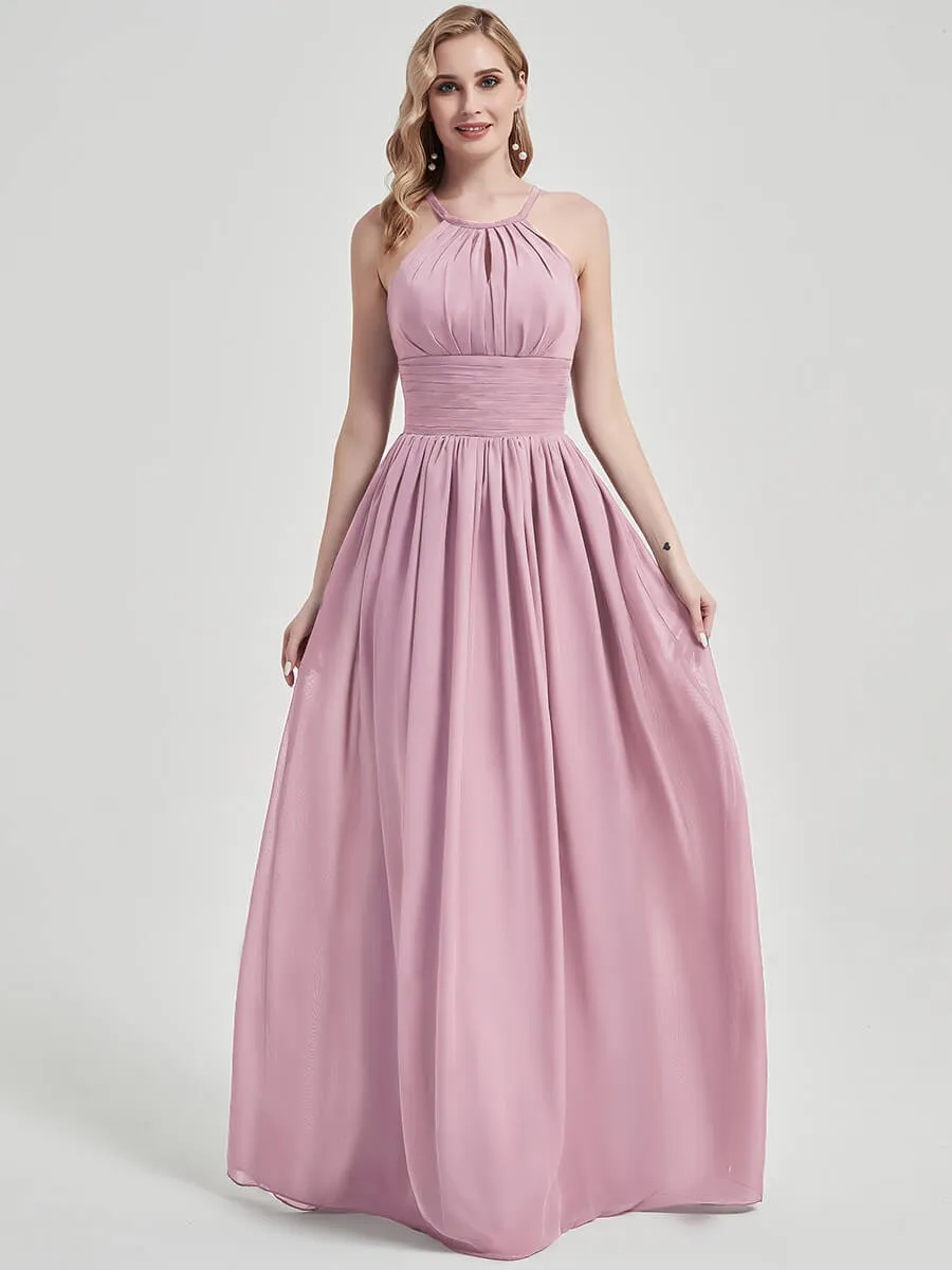 Mauve Pleated Halter Sleeveless Floor Length Chiffon Bridesmaid Dress