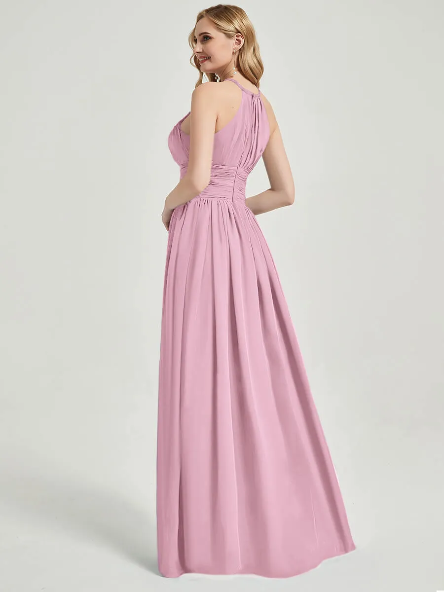 Mauve Pleated Halter Sleeveless Floor Length Chiffon Bridesmaid Dress