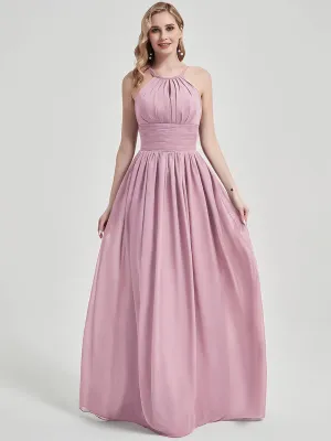 Mauve Pleated Halter Sleeveless Floor Length Chiffon Bridesmaid Dress