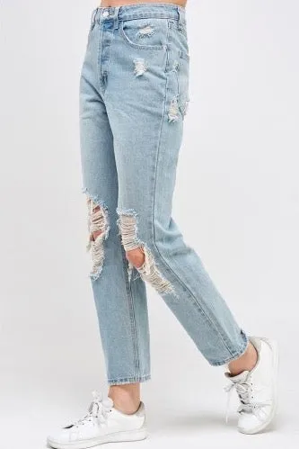 Medium Denim Distressed High Waist 5 Pocket Boyfriend Jeans