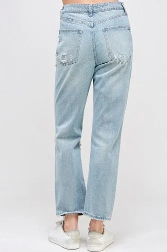 Medium Denim Distressed High Waist 5 Pocket Boyfriend Jeans