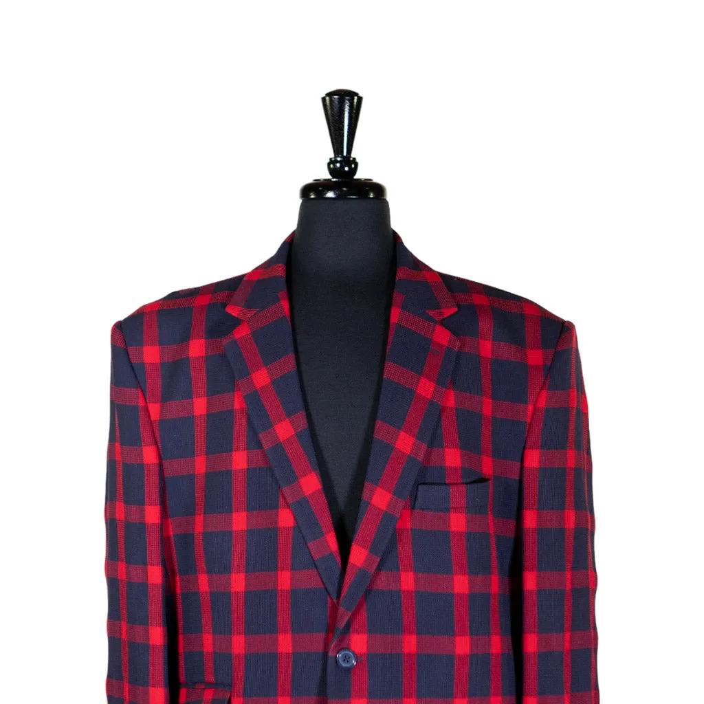 Mens Blazer Blue Red Plaid Check Wool Dress Formal Suit Jacket Wedding Sport Coat 48R