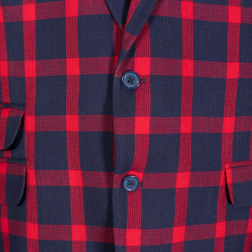 Mens Blazer Blue Red Plaid Check Wool Dress Formal Suit Jacket Wedding Sport Coat 48R