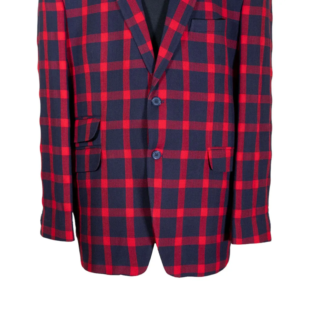 Mens Blazer Blue Red Plaid Check Wool Dress Formal Suit Jacket Wedding Sport Coat 48R