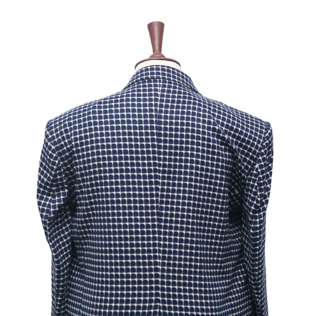 Mens Blazer Navy Blue White Geometric Wool 2 Button Dress Formal Suit Jacket Sport Coat 48R