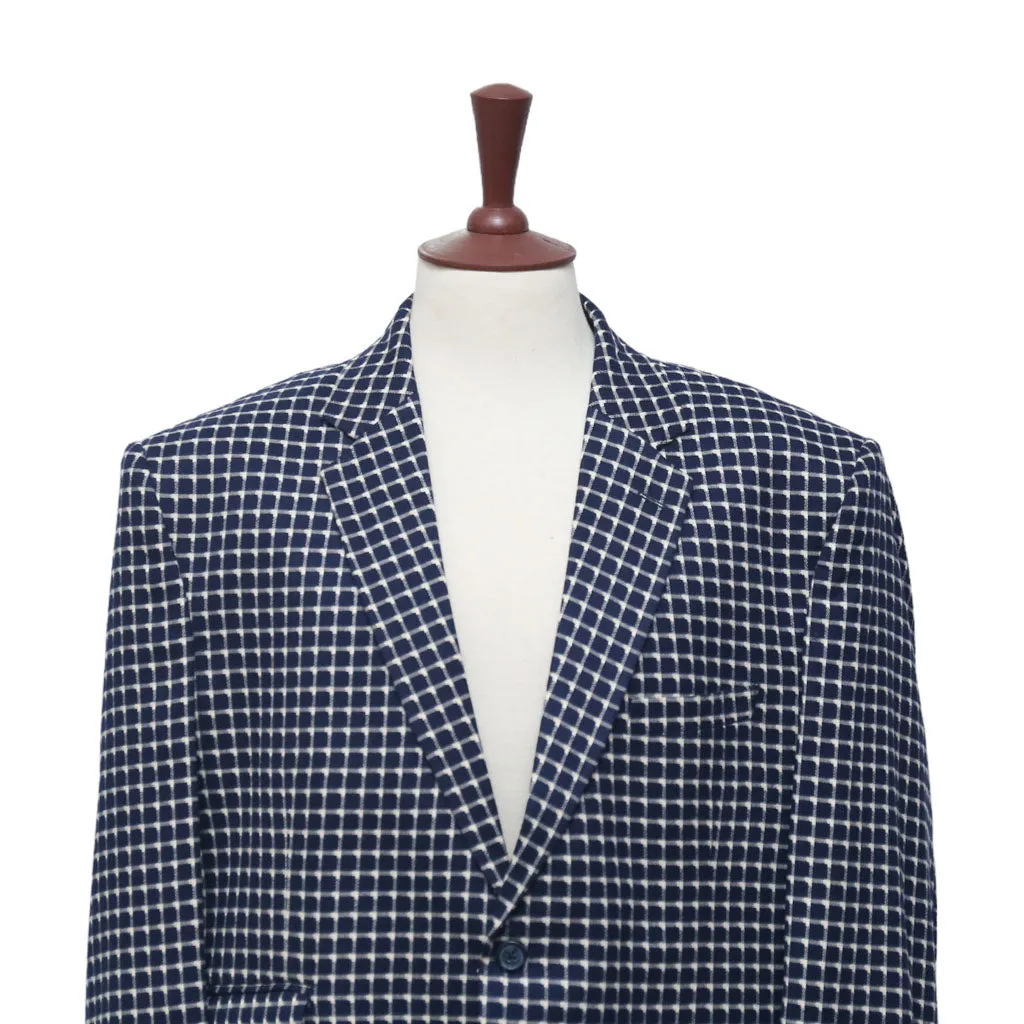 Mens Blazer Navy Blue White Geometric Wool 2 Button Dress Formal Suit Jacket Sport Coat 48R
