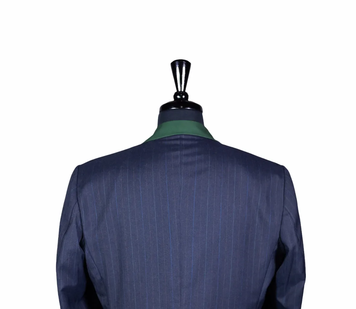 Men's Blue Pinstripe Wool Blazer with Contrast Lapel (40R)