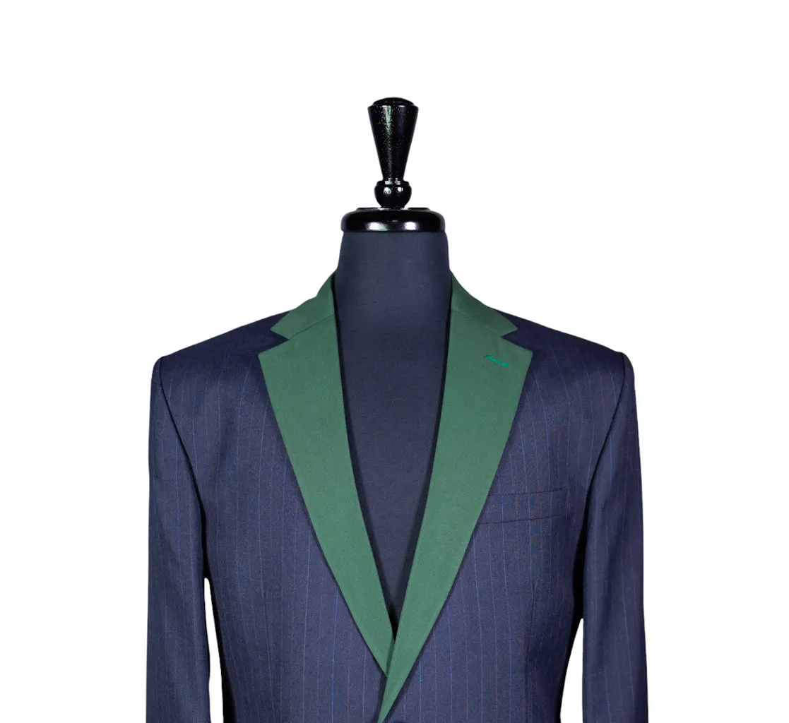 Men's Blue Pinstripe Wool Blazer with Contrast Lapel (40R)