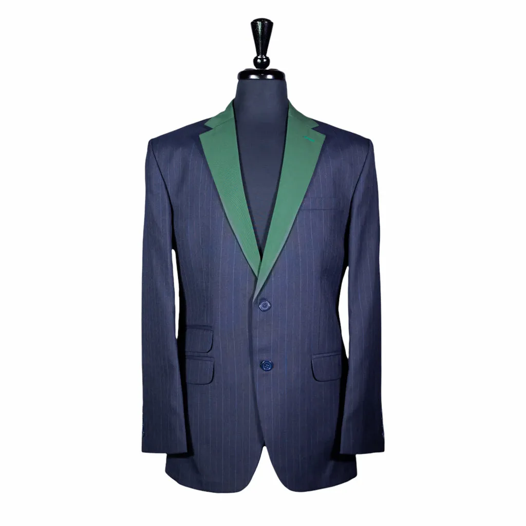 Men's Blue Pinstripe Wool Blazer with Contrast Lapel (40R)