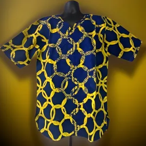 Men's Blue/Yellow African Print Embroidered Dashiki Shirt