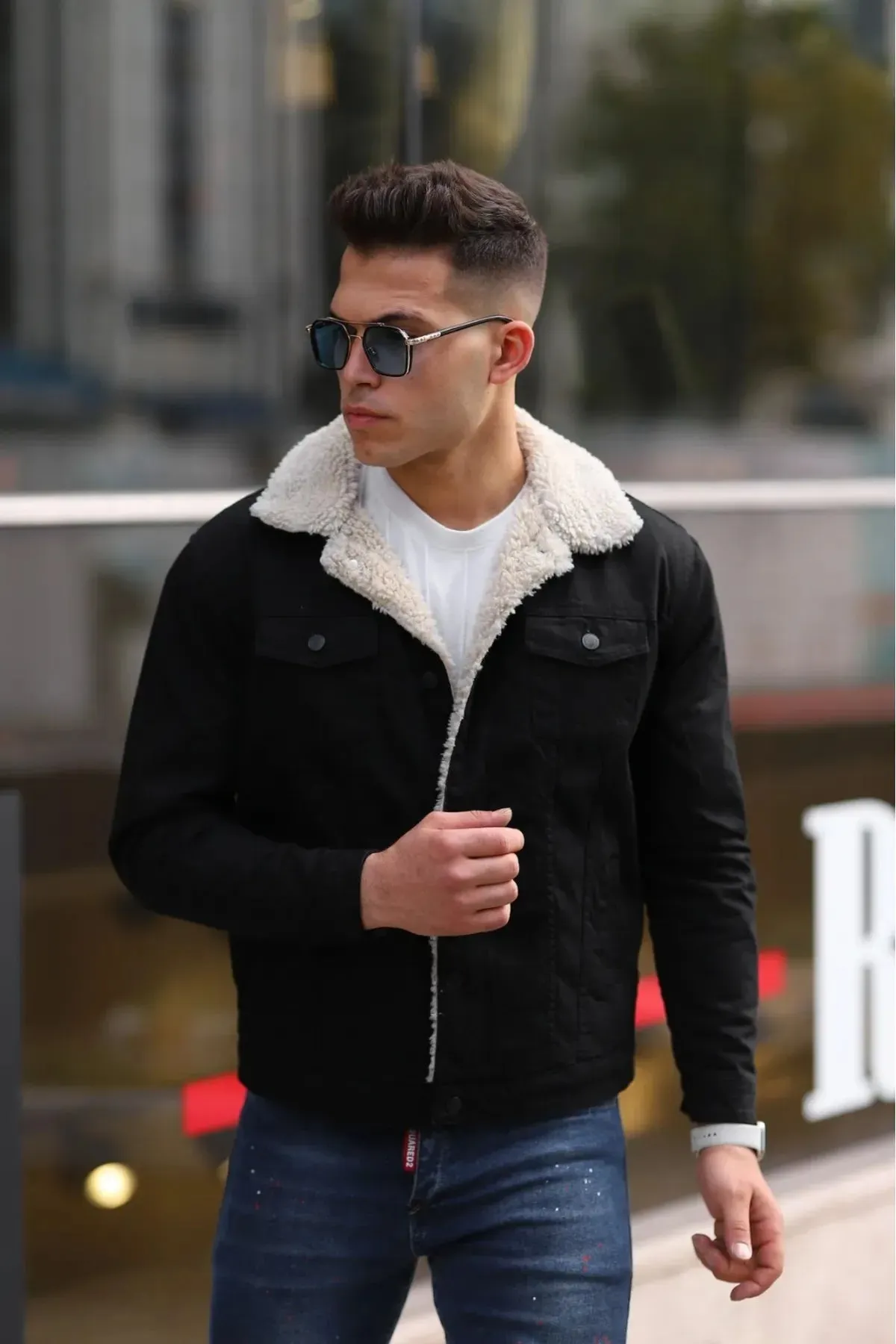 Men's Off White Fur Black Denim Jacket – Premium Style by HB Industries