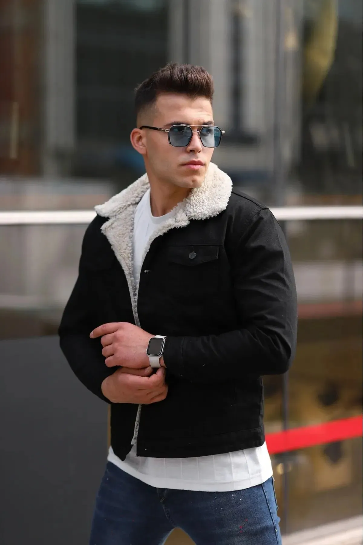 Men's Off White Fur Black Denim Jacket – Premium Style by HB Industries