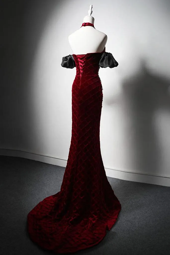 Mermaid Prom Dress Velvet Burgundy Long Evening Dress