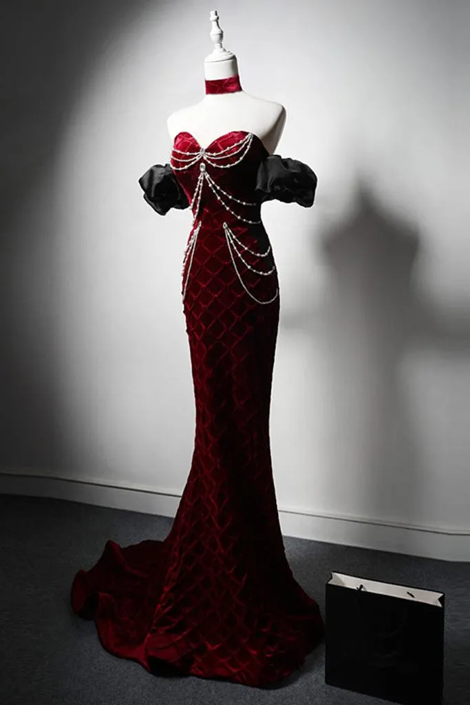 Mermaid Prom Dress Velvet Burgundy Long Evening Dress