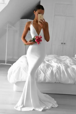 Mermaid Style White Prom Dresses with Deep V-neckline
