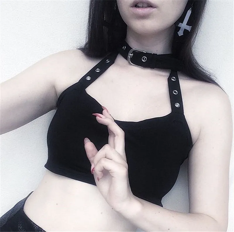 “METAL BUCKLE HALTER VEST” CROP TOPS W031104