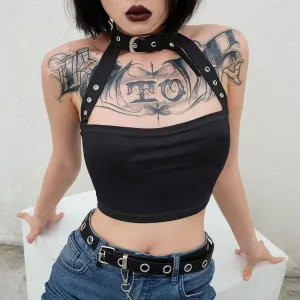“METAL BUCKLE HALTER VEST” CROP TOPS W031104