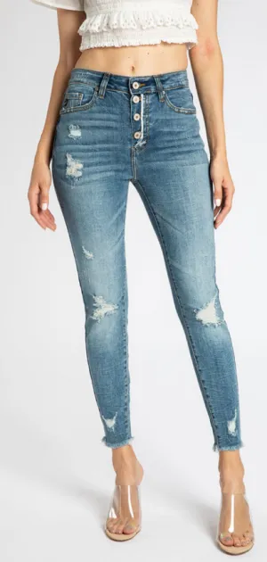 Mid Button Fly Distressed Cropped Kancan Jeans