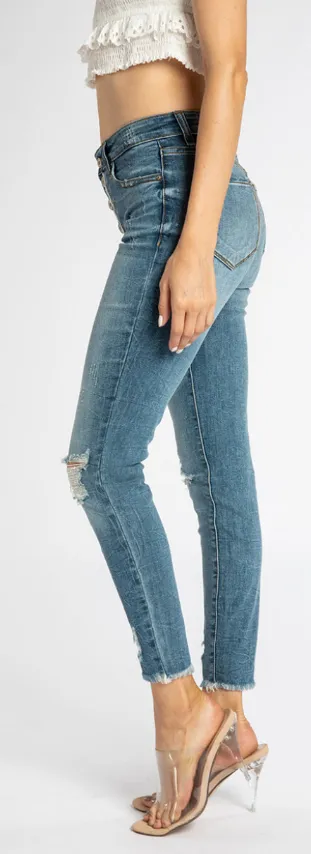 Mid Button Fly Distressed Cropped Kancan Jeans