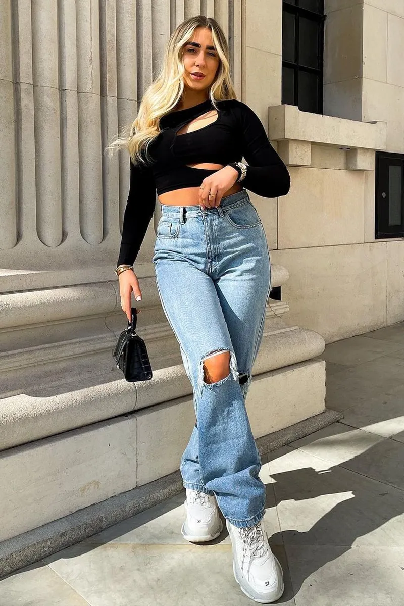 Mid Wash Denim Distressed Knee Extra Long Jeans - Ivelisse
