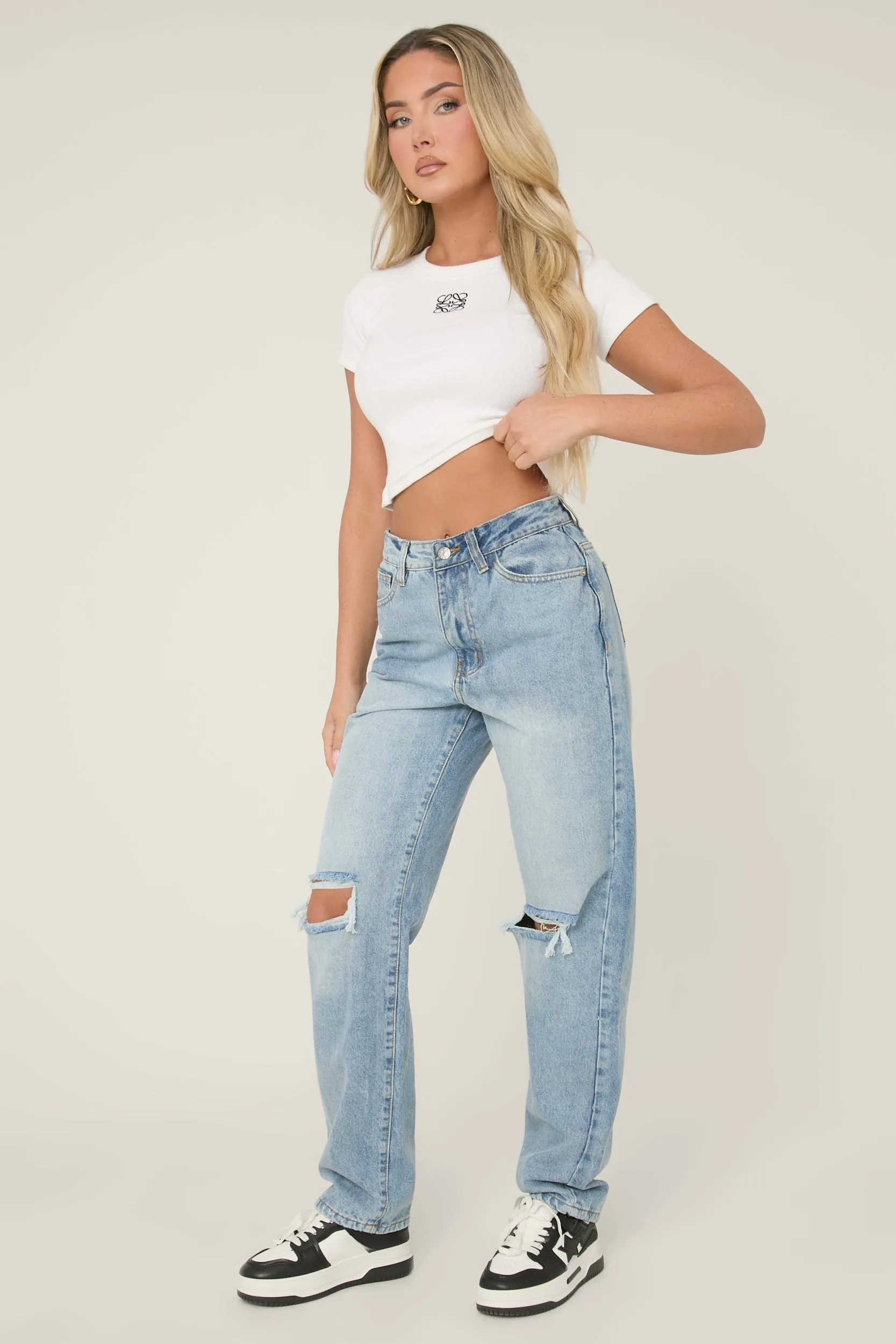 Mid Wash Denim Distressed Knee Extra Long Jeans - Ivelisse