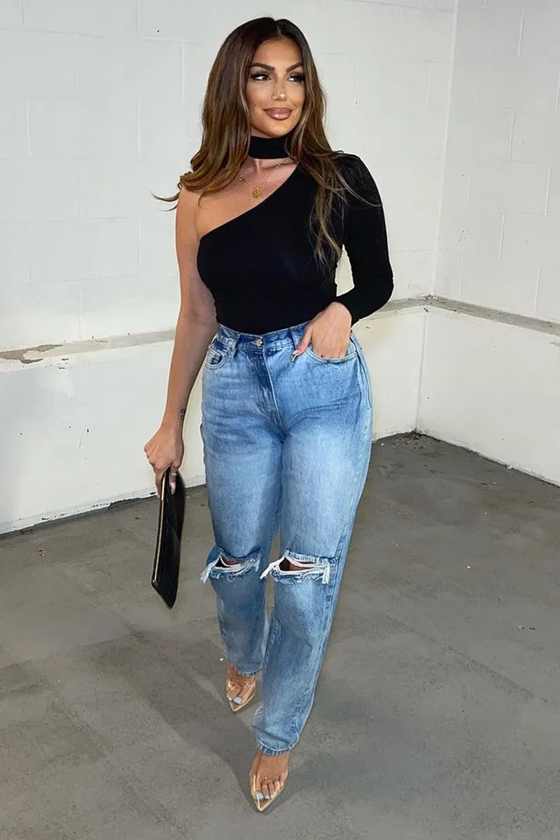 Mid Wash Denim Distressed Knee Extra Long Jeans - Ivelisse