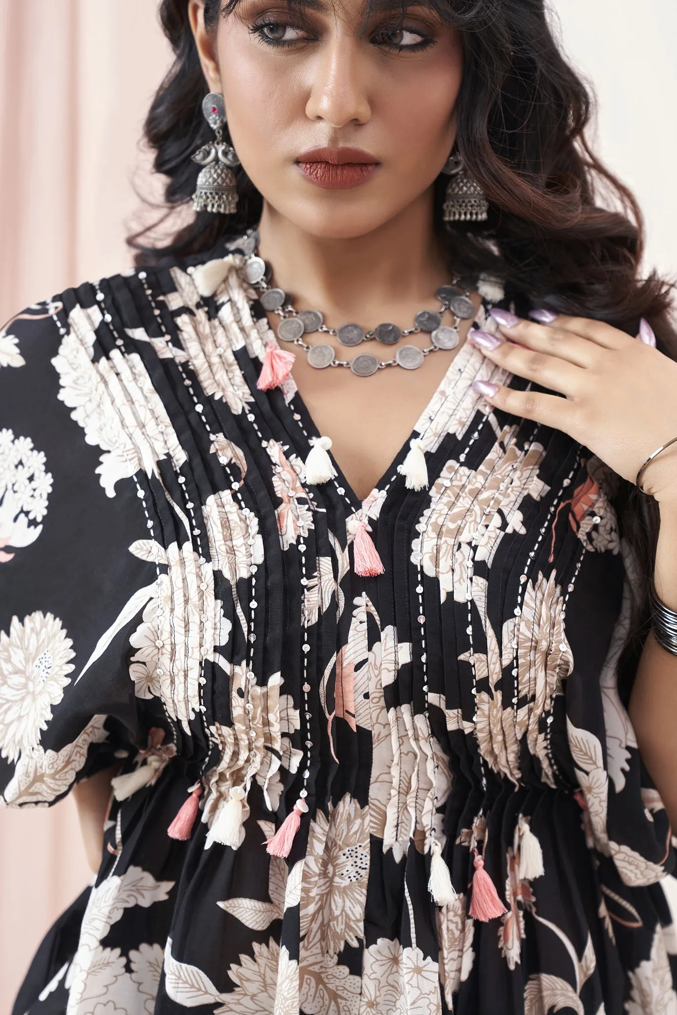 Midnight Black Co-ords with Printed Kaftan Style Top