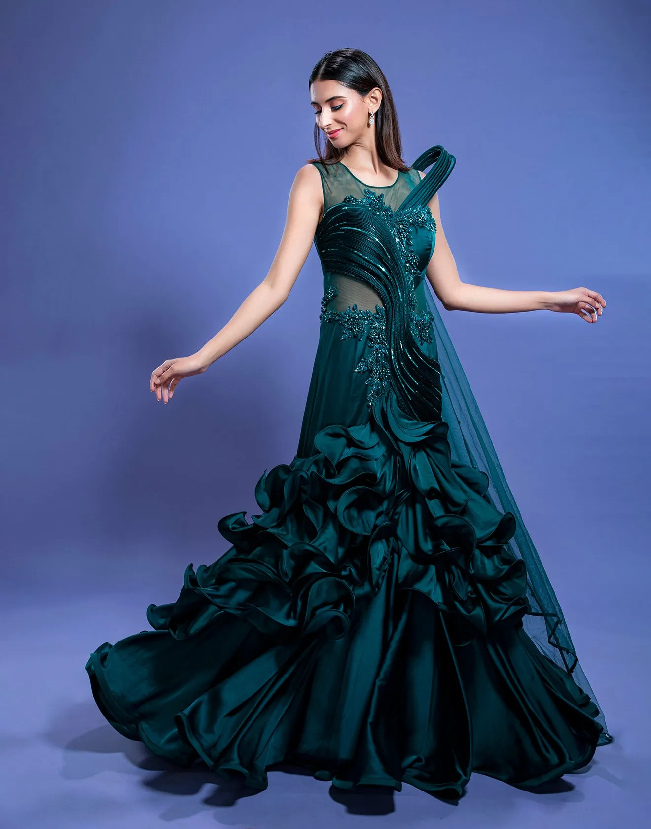 Midnight Green Embellished Sculpted Gown