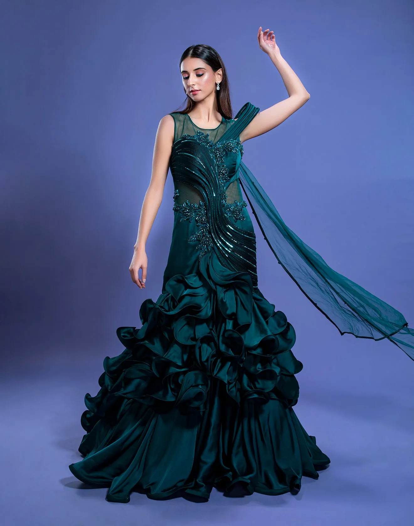 Midnight Green Embellished Sculpted Gown
