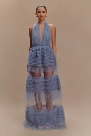 Minka Mesh Ruffle Halter Maxi Dress - Dusty Blue