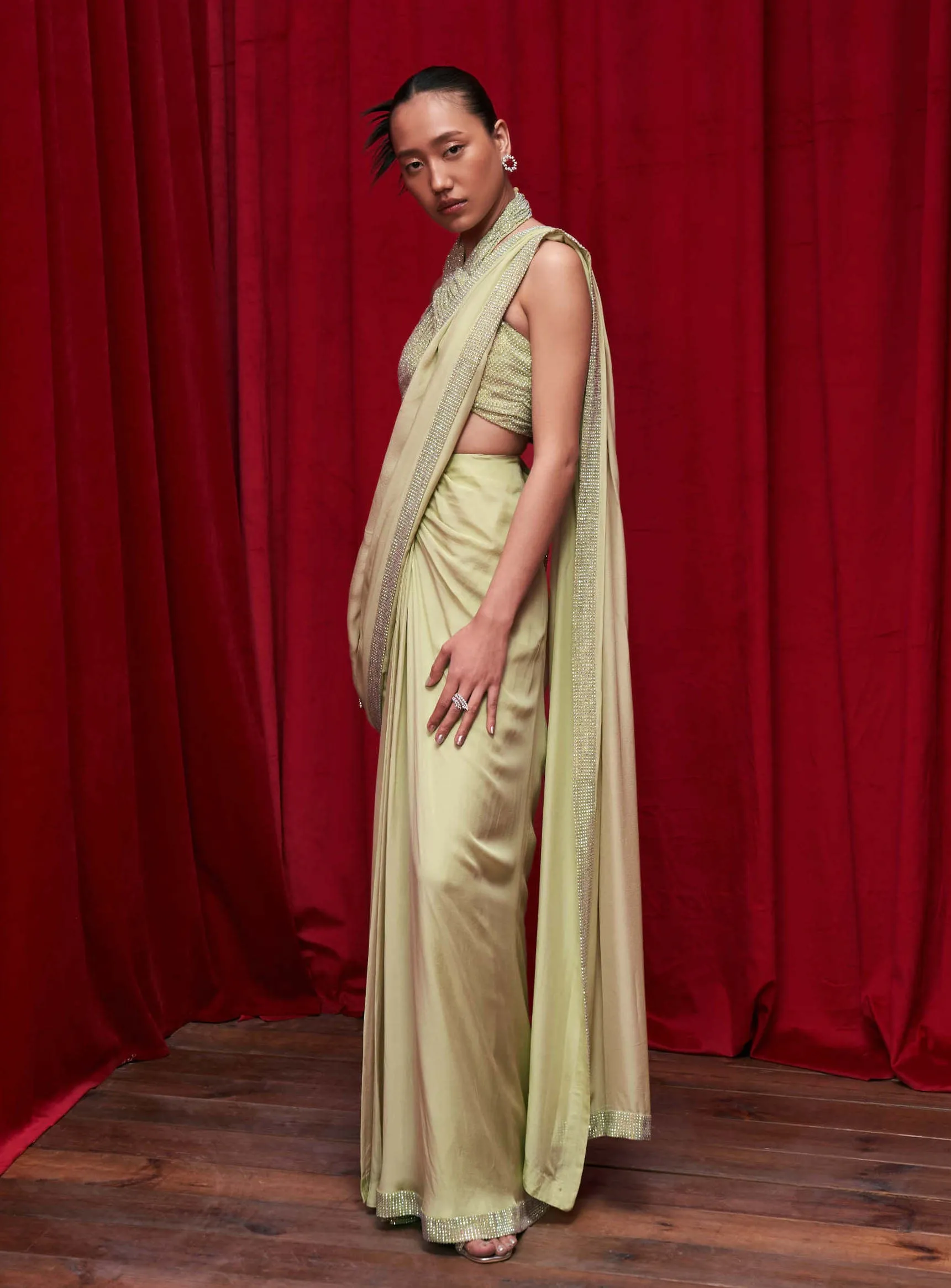 Mint chiffon draped sari skirt set